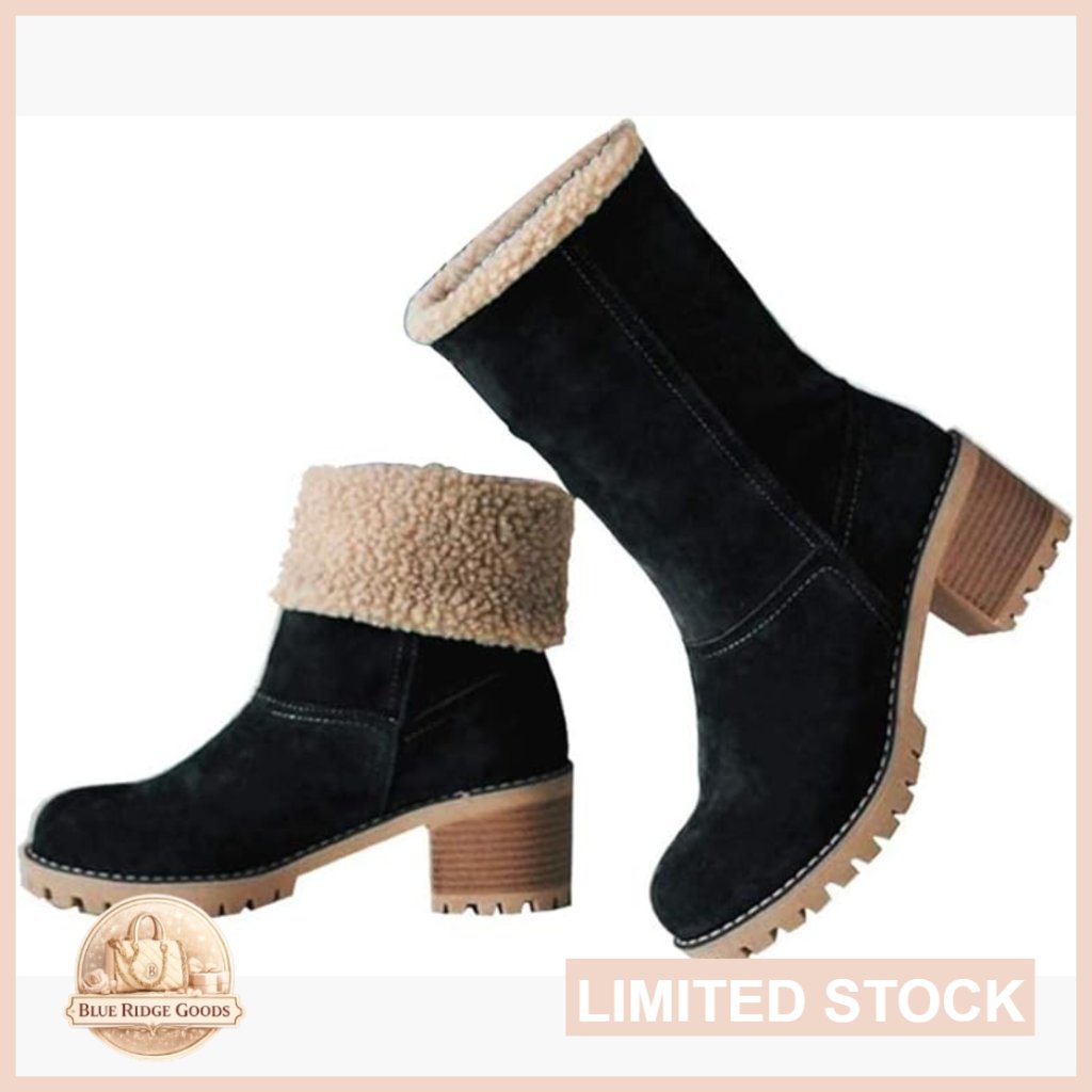 Chunky Heel Slip On Mid Calf Boots Faux Suede Winter Snow Waterproof Casual